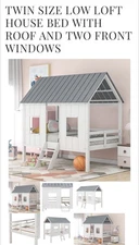 TWIN SIZE LOW LOFT HOUSE BED WITH ROOF AND TWO FRONT WINDOWS  (NEW IN iTS BOX )