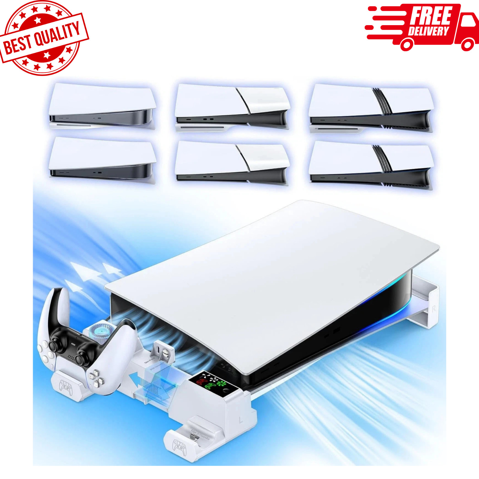 Ps5/Slim/Pro Horizontal Stand with Cooling Fan & Charger for Original & Edge Con
