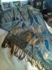Vintage Pashmina-Silk Paisley Wrap Shawl Blue and Silver Design, Fringe Edge