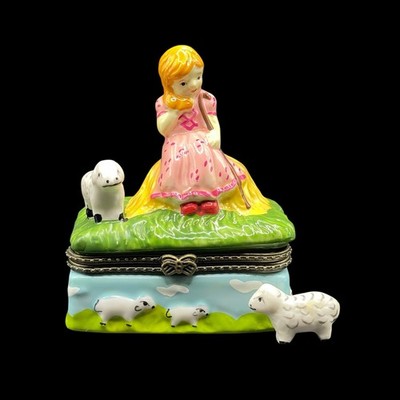 Mary Had a Little Lamb Little Bo Peep Hinged Trinket Box Ceramic w Lamb Trinket