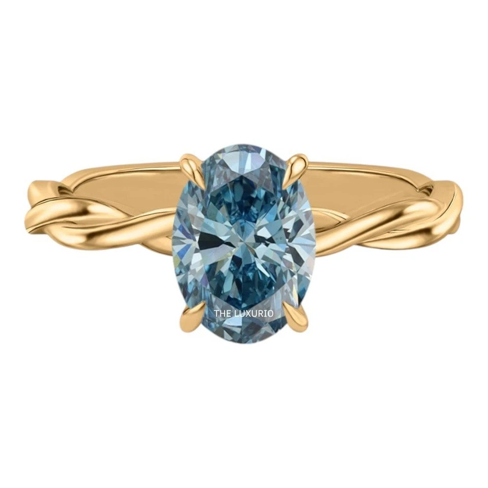 14K Yellow Gold Ring 1.45 Ct IGI Lab Grown Oval Cut Fancy Intense Blue Diamond - Image 4 of 4