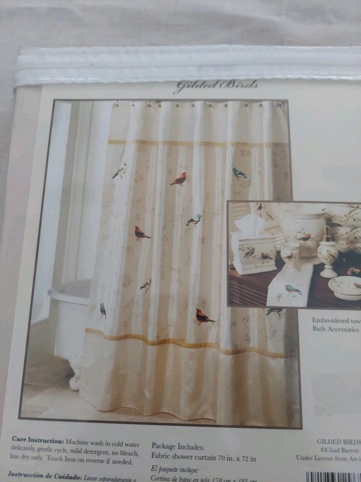 Avanti Ivory Gilded Birds Bordered Printed Shower Curtain, 70" x 72" Brand New - Image 4 of 4