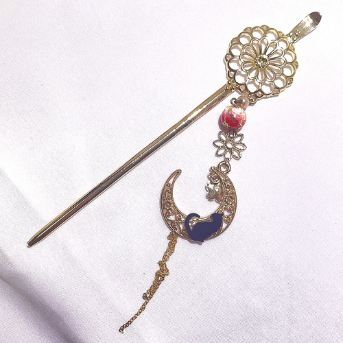 Japanese Hair Stick Black Cat on Crescent Moon Red Bead Kanzashi Kimono Geisha