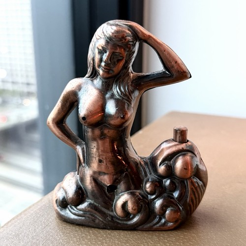 Vintage Mermaid Cigarette Cigar Table Butane Lighter Metal Copper Patina READ