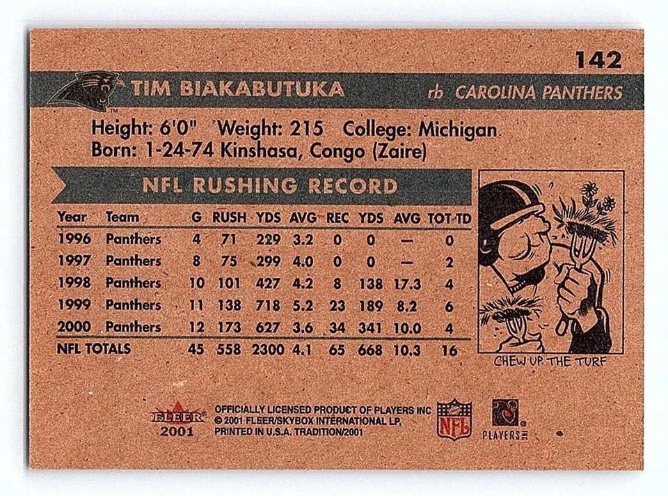 2001 Fleer Tradition FOOTBALL #142 Tim Biakabutuka - Image 2 of 2