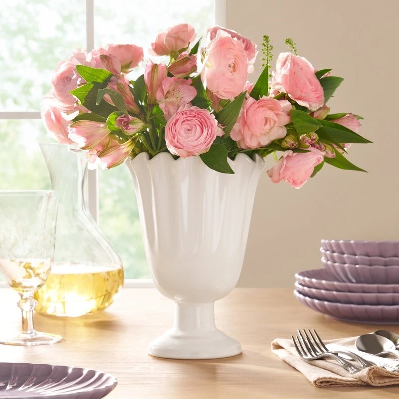 Jarrón festoneado de gres acabado brillante vintage floral decoración del hogar acento nuevo Foto 3 de 4