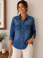 Ex Store Blue Embroidered Seam Detail Fitted Denim Western 100% Cotton Shirt