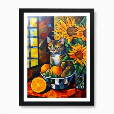 Sonnenblume mit Katze 2 Kubismus Picas gerahmtes Wandbild Poster Leinwanddruck Bild