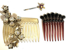 VTG HAIR COMBS RHINESTONE FLOWER SPRAY RED PLASTIC  RESIN FLOWER PIN