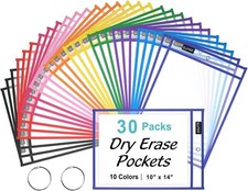 30 Packs Oversized Reusable Dry Erase Pocket Sleeves with 2 Rings, 10x14