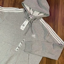 NWT L Adidas Men's Essentials 3-Stripes Fleece Hoodie Pullover Cozy Gray Sporty