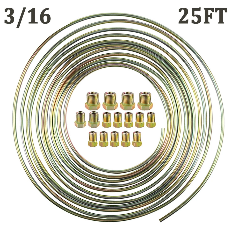 1Pcs Brake Line Tubing Kit Galvanized Steel 25 Ft. Roll Coil 3/16"OD 16 Fittings Foto 2 de 4