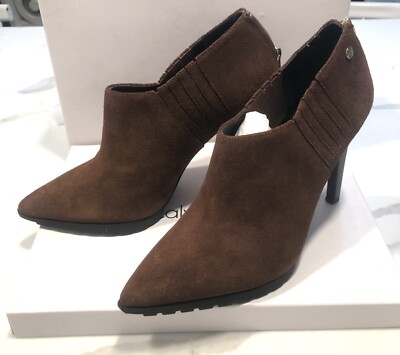 Calvin Klein Women s  Sz 8 M BERRIE Ankle Booties Cigar Brown Suede Heeled NWOT
