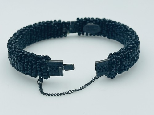 Miriam Haskell Vintage Black Glass Beaded Bangle Bracelet - Picture 6 of 9