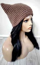 crochet womans handmade hat kitty cat ears beanie brown new