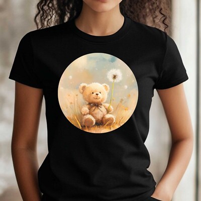 Frauen T-Shirt Teddybär mit Löwenzahn Motiv Baumwolle Größe S bis 3XL