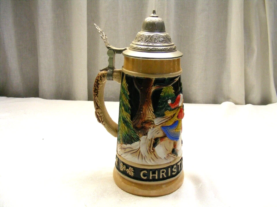 Tapa de peltre de gres torneado a mano esmaltado Stein de cerveza alemana de colección 26 oz 1 este Foto 2 de 4