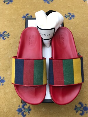 Gucci Slider Sandalen Schuhe Canvas Grün Rot Blau Gelb Herren UK 6 US 7 40 Neu