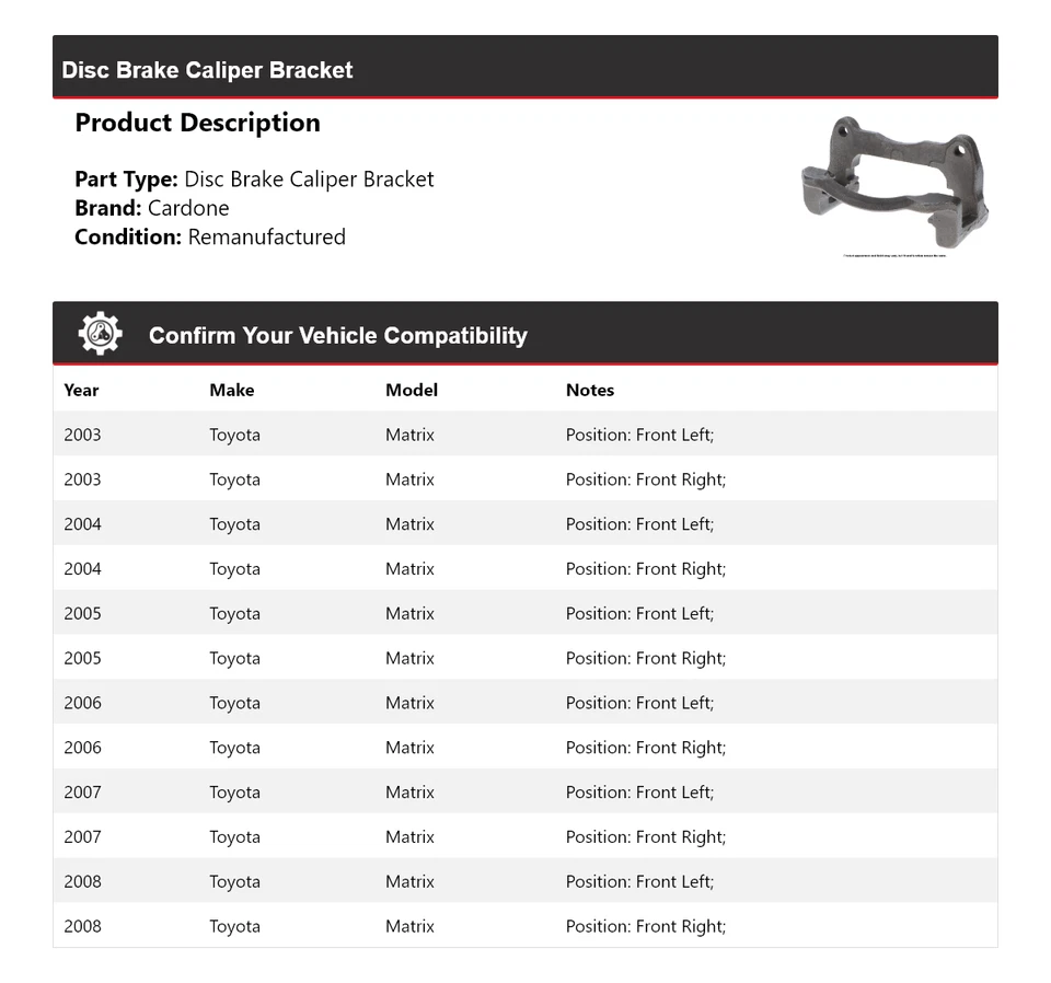 Soporte de pinza de freno de disco Cardone para Toyota Matrix 2003-2008 2004 2005 2006 Foto 2 de 4