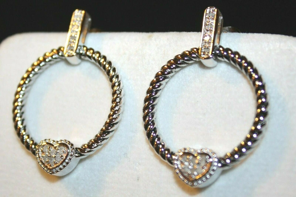 PENDIENTES ARO DELANTEROS CORAZÓN CUERDA TRENZADA DIAMANTE GENUINO PLATA ESTERLINA (.20TCW) Foto 4 de 4