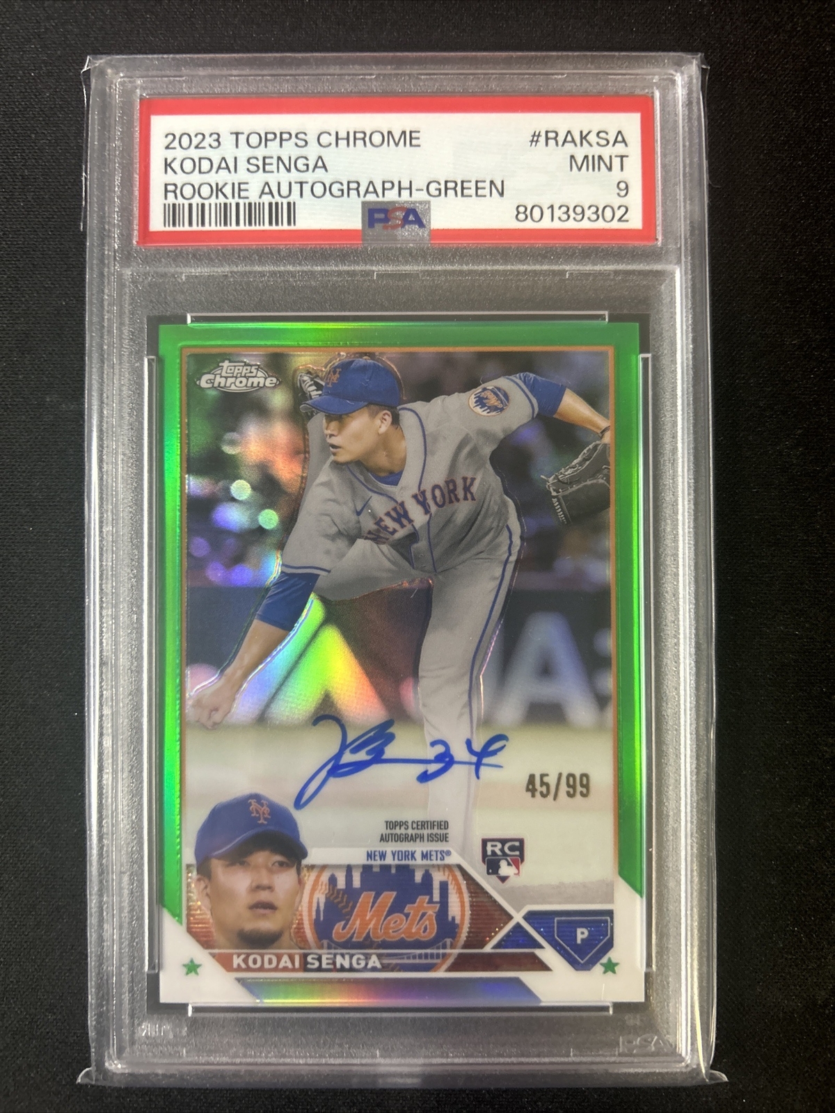 2023 Topps Chrome Baseball Kodai Senga Green Parallel Auto 45/99 PSA 9 Mint