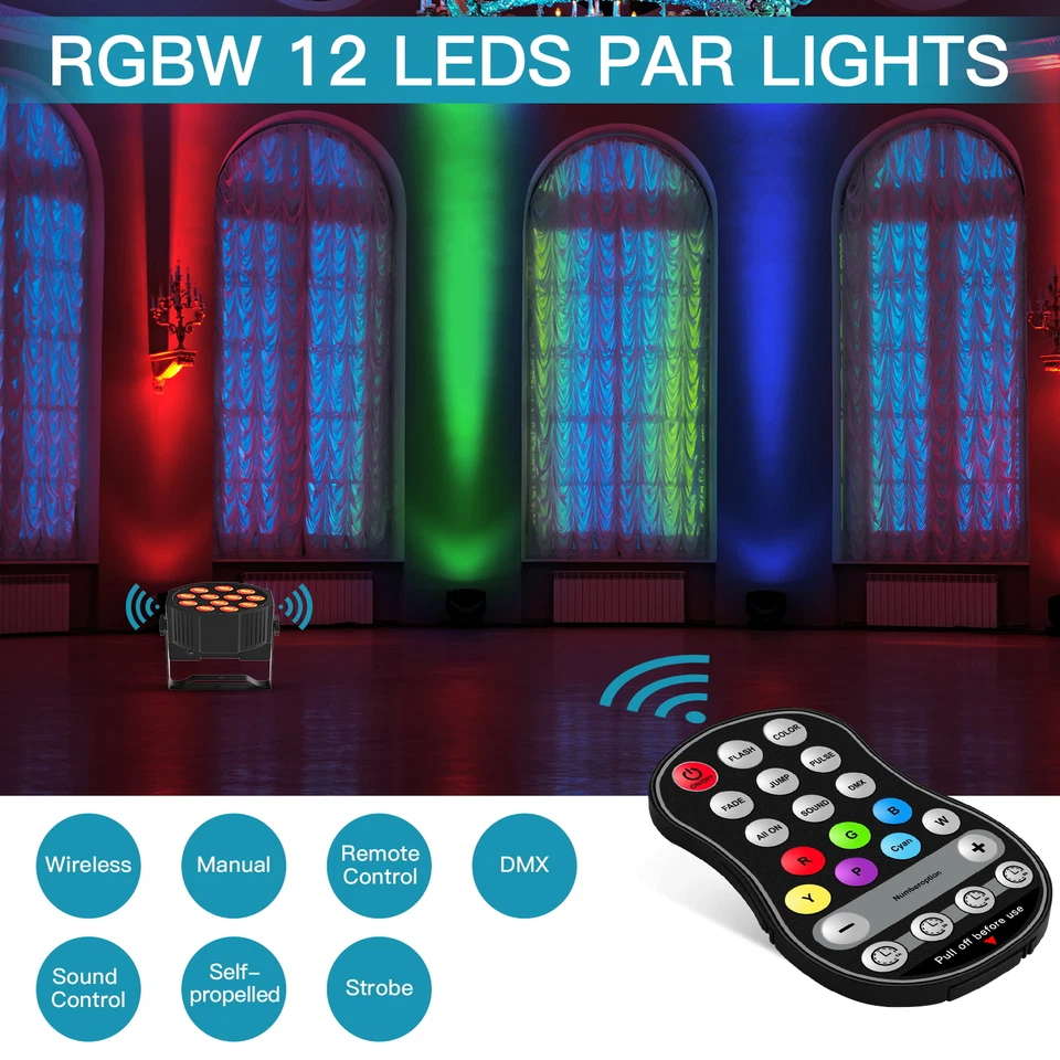 Rechargeable Par Light 12LED 4in1 RGBW DMX Stage Lighting For DJ Disco Party - Image 4 of 4