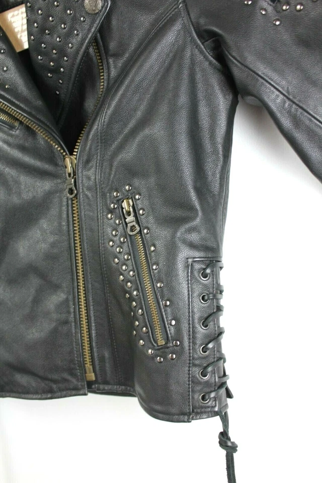 Chaqueta de moto Harley Davidson para mujer talla XS de cuero negra tachuelas flecos cremallera Foto 4 de 4