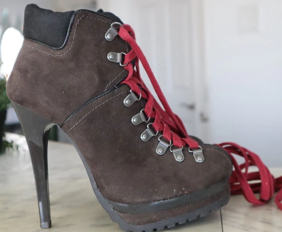 XHILARATION Botas Tacón Alto Con Cordones Gamuza Stiletto Marrón Talla 8.5 Foto 2 de 4