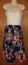 DEB Dress Size M Cream Lace Bodice Navy Floral Hi-Low Skirt Flirty Fun Summer 🌞