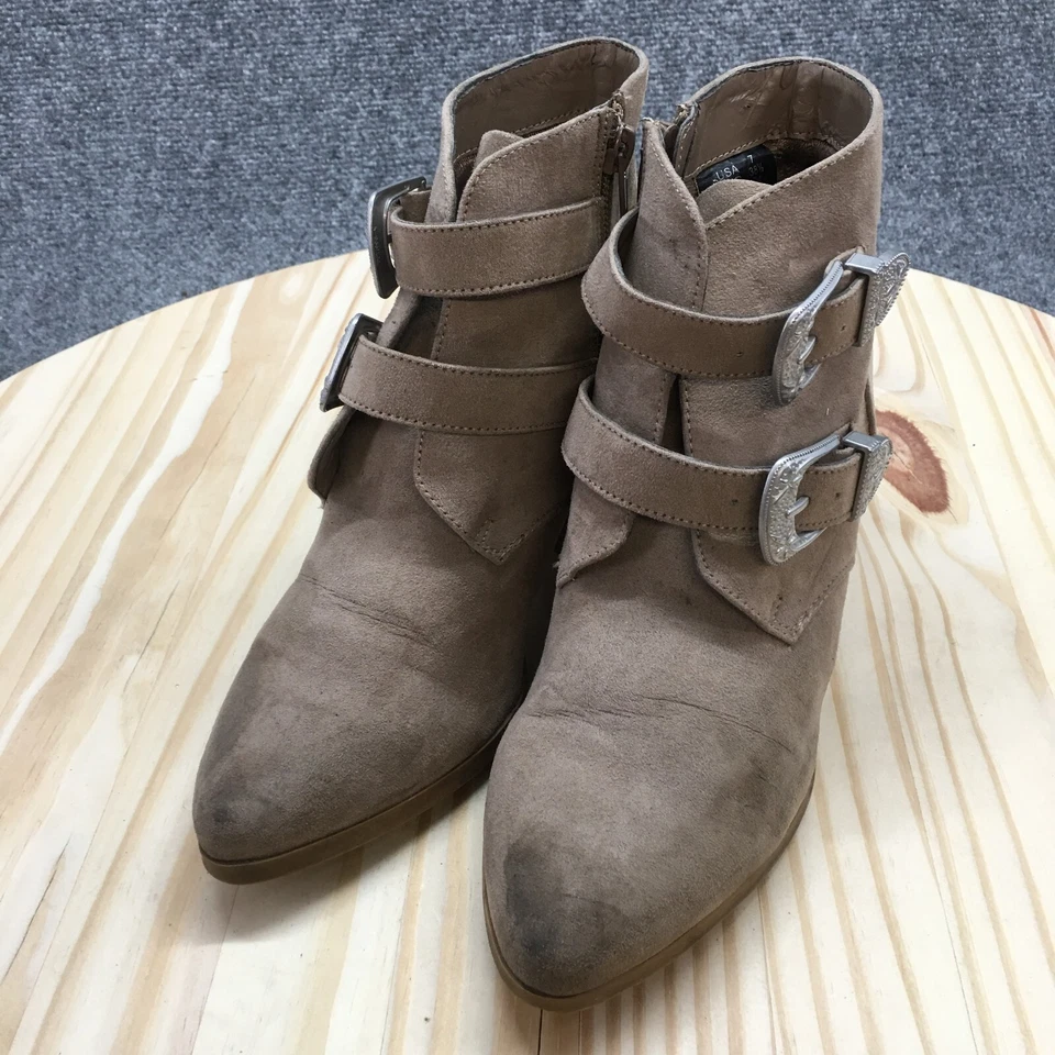 Christian Siriano Botas Mujer 7 Hebillas Cremallera Lateral Botín Marrón Tela Tacones Foto 3 de 4