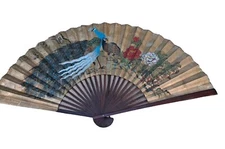X-Lg Chinese Fan Hand Painted Floral and Bird Wall Display Large Vintage 72 X 38