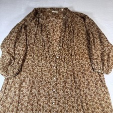 DÔEN Dress Womens Small Brown Floral Button Front Midi Belted Boho Trapeze Swing