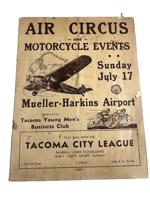 1938 AIR CIRCUS MOTORCYCLE EVENTS TACOMA WA MUELLER-HARKINS BROCHURE - #881