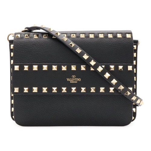 VALENTINO GARAVANI Women Rockstud 2Way Clutch Shoulder Bag Black Leather Gold