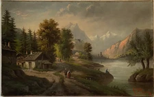 Ancien Tableau HST - Ecole Suisse - Paysage Animé Montagnes Signé Daté - 19ème