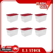 Sterilite 66 Qt Clear Storage Bin with Latch Lid, Red, 6 Pack