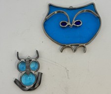 Vintage Pair Stained Glass Sun Catcher Window Lead Blue Owls Decor Whimsical