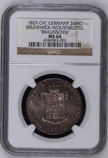 1829 CVC Germany 24MG Brunswick-Wolfenbuttel "Braunschw" NGC MS 66 TOP POP