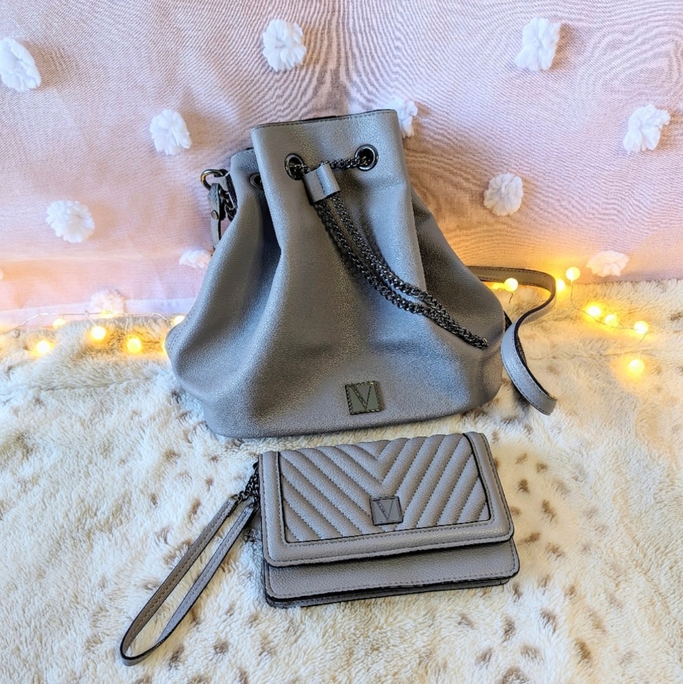 Victoria Secret Grey Adjustable Crossbody Bucket Bag with Wallet  