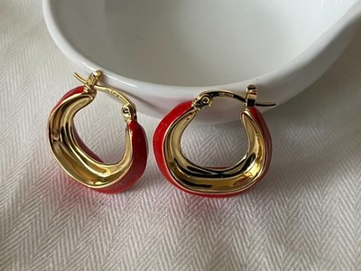 Signed Celine Designer Phoebe Philo Small Swirl Hoop Red Enamel Earrings