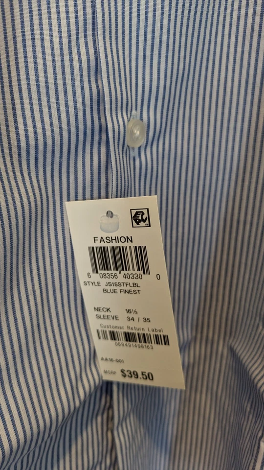 Camisa JA John Ashford, Nueva con Etiquetas, Talla 16.5, Blanca con Rayas Azules. Cuidado fácil, ajuste regular Foto 4 de 4