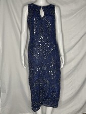 Pisarro Nights Beaded Mesh Column Gown Navy Blue Sleeveless Formal Size 4 Midi