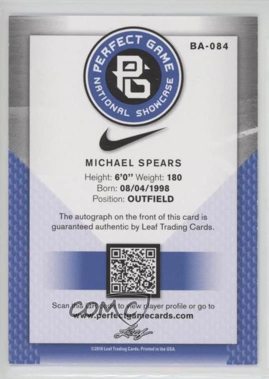 2016 Leaf Perfect Game National Showcase Black /50 Michael Spears #BA-084 Auto - Image 2 of 2