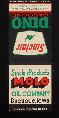 1960s Molo Oil Company Sinclair Dino Gas Dubuque IA Matchbook Iowa