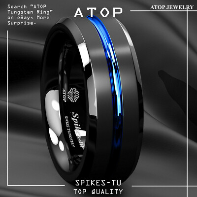 8mm Brushed Black Tungsten Carbide Band Ring Blue Line Bridal ATOP Men's Jewelry