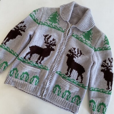 Vintage Hand Knit Wool Cowichan Siwash Sweater Grey Trees Moose