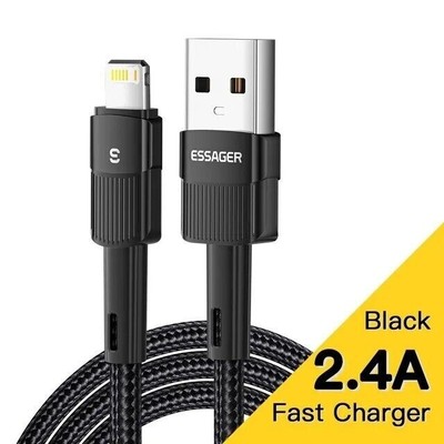  2m. 2.4A, USB-A, Nylon,  Ladekabel Essager, for Apple iPhone iPad 