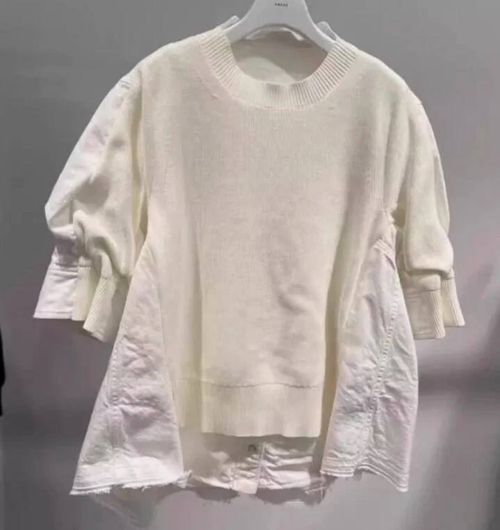 Suéter tejido Lady Sacai Luck Denim retazos manga corta top Foto 3 de 4