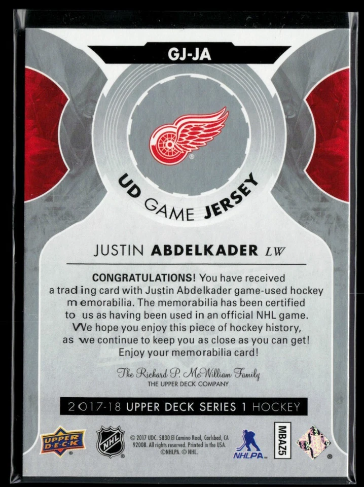 2017-18 Upper Deck Game Jerseys #GJ-JA Justin Abdelkader - Image 2 of 2