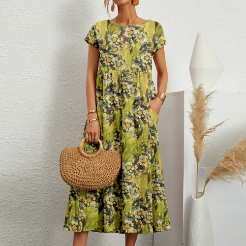 Women Long Dress Short Sleeve Maxi Dresses Ladies Casual Crew Neck - Picture 6 of 28